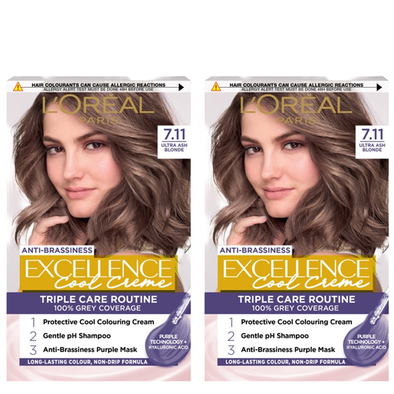 L'Oreal Paris DOUBLE  Excellence Cool CrÃ¨me Permanent Hair Dye, Radiant At-Home Hair Colour With Up To 100% Grey Coverage, Pro-Keratin, Up To 8 Weeks Of Colour, Colour: 7.11 Ultimate Ash Blo