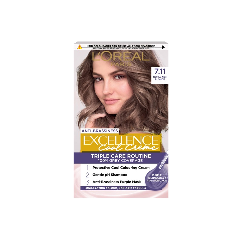 L'Oreal Paris Excellence Cool CrÃ¨me Permanent Hair Dye, Radiant At-Home Hair Colour With Up To 100% Grey Coverage, Pro-Keratin, Up To 8 Weeks Of Colour, Colour: 7.11 Ultimate Ash Blond