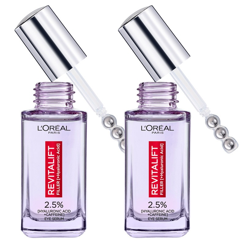 L'Oreal Paris DOUBLE Revitalift Hyaluronic Acid Eye Serum, 2.5% Hyaluronic Acid And Caffeine, Cooling Triple Bead Applicator, Visibly Replumps, Brightens And De-Puffs Eyes, Validated By Derma