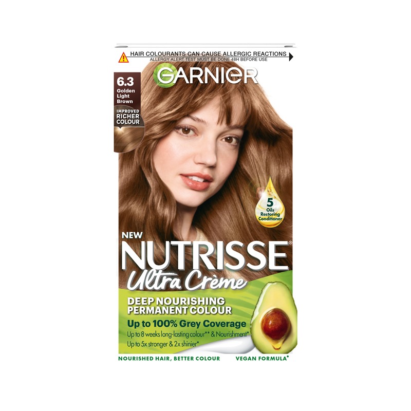 Garnier Nutrisse Ultra CrÃ¨me Permanent Hair Dye, Up To 100% Grey Coverage, 8-Weeks Long-Lasting Colour, No Ammonia, Vegan (Shade: 6.3 Golden Light Brown)