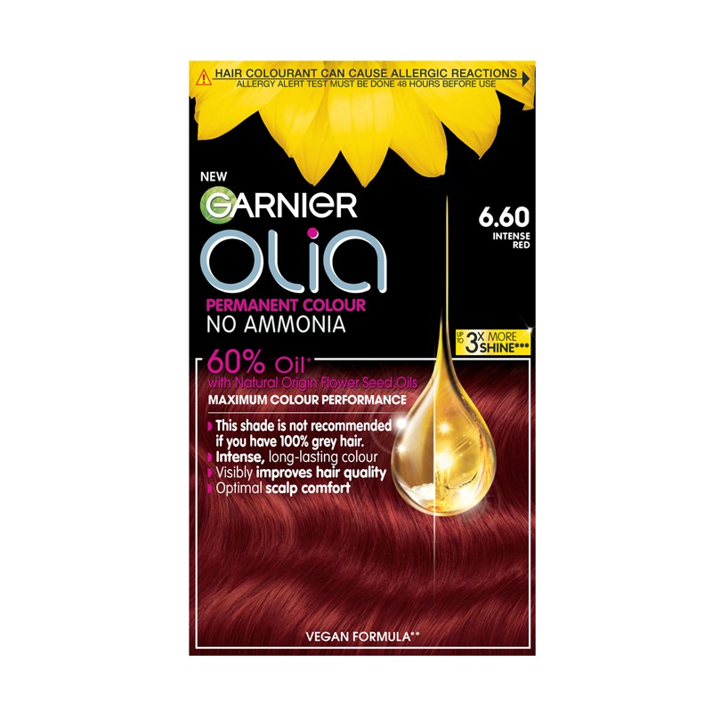 Garnier Olia Permanent Hair Dye, No Ammonia, Full Grey Coverage, Long-Lasting Colour & Shine, Vegan Formula, Colour: 6.60 Intense Red, 230G