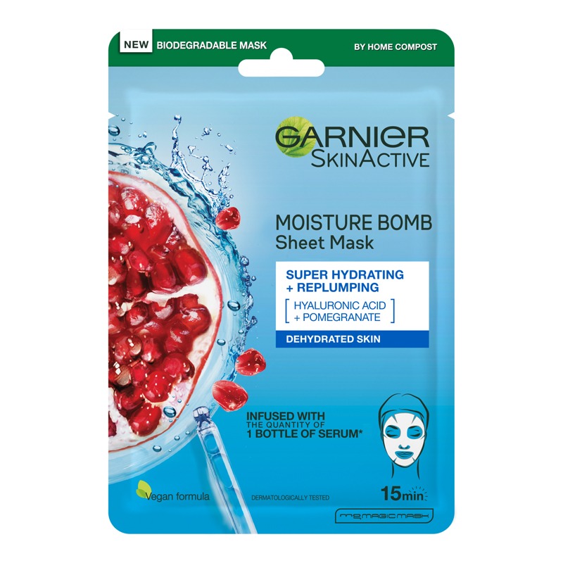 Garnier Moisture Bomb Tissue Mask, Pomegranate Hydrating Tissue Face Sheet Mask Dehydrated Skin 32 g