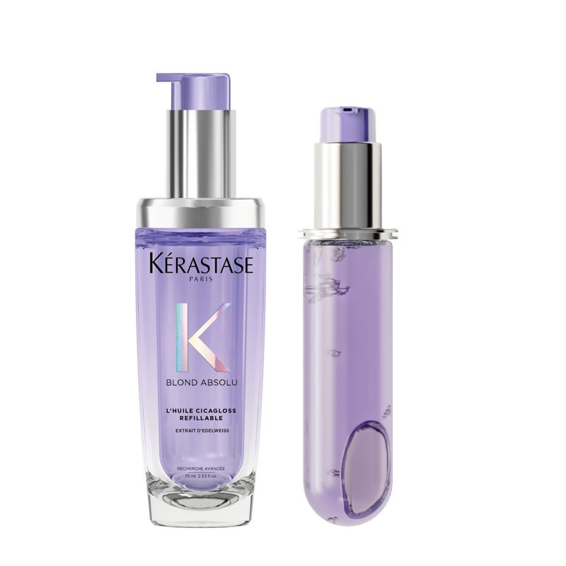 Kerastase DUO Blond Absolu Hair Oil Huile Cicagloss Refillable Bottle, for Blonde or Lightened Hair with Hyaluronic Acid 75ml & Blond Absolu Hair Oil Huile Cicagloss Refill Capsule