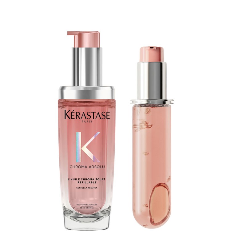 Kerastase DUO Chroma Absolu Hair Oil Huile Chroma Éclat Refillable Bottle, for Fine-Medium Hair with Amino Acid & Lactic Acid 75ml & Chroma Absolu Hair Oil Huile Chroma Éclat Refill Capsule