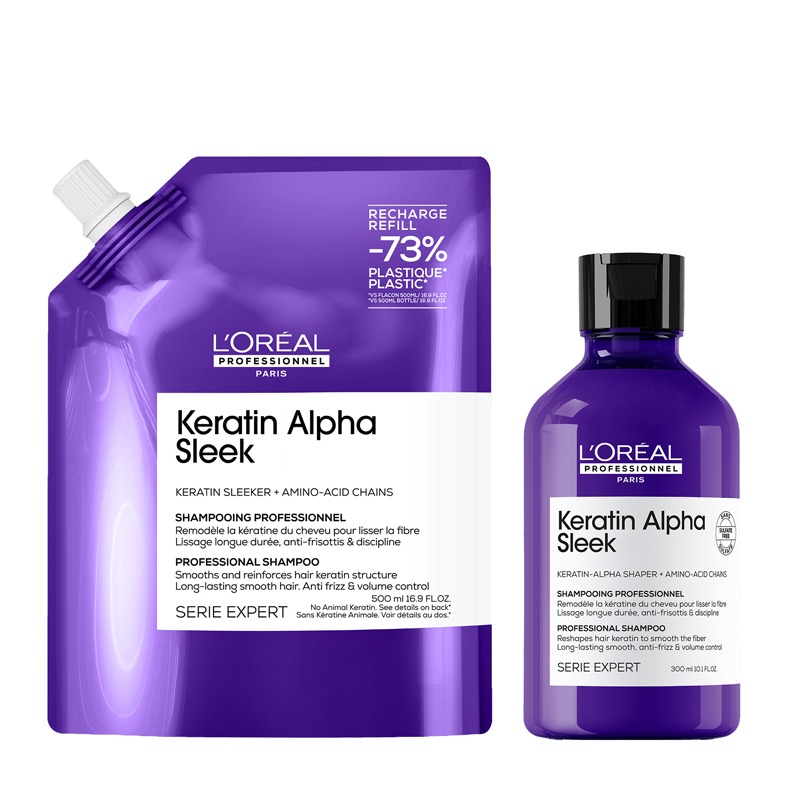 L'Oréal Professionnel DUO Keratin Alpha Sleek Shampoo & Refill Pack Bundle - Antifrizz, 300ml, 500ml