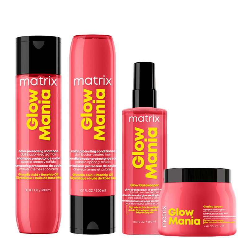 Matrix PACK  Glow Mania Color Glow Shampoo,Glow Conditioner, Keeper Leave-In & Glazing Queen Mask