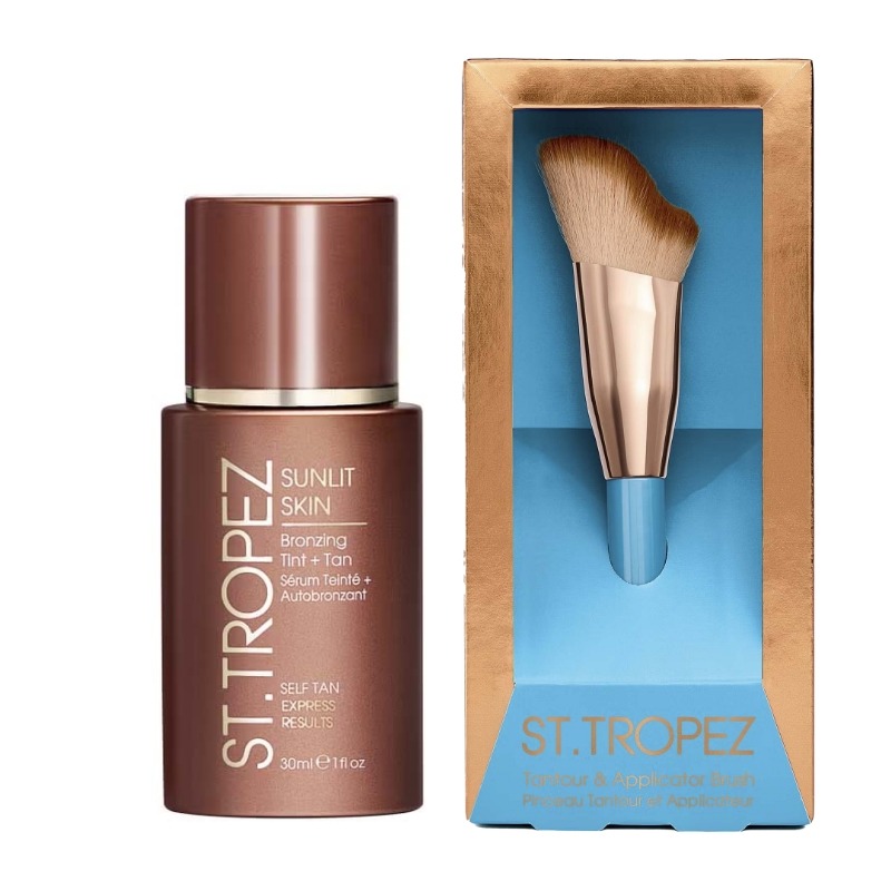 St Tropez DUO Sunlit Skin Express Bronzing Tint Self Tan 30ml & Expert Tantour & Application Face Brush