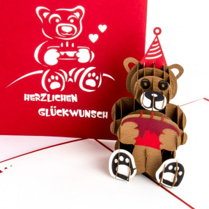 Colognecards Pop-Up Karte Teddybär mit Torte rot