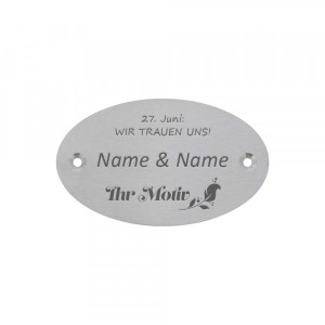 Hochzeitsschild aus Edelstahl oval (100 x 60 mm)