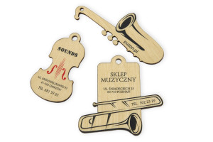 Etykiety drewniane, wizytówki dla sklepu muzycznego - druk UV - EDR008