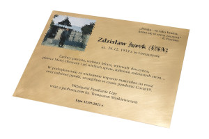 Tablica pamiątkowa z fotografią - mosiądz szczotkowany i lakierowany - wym. 400x300mm - TAB248