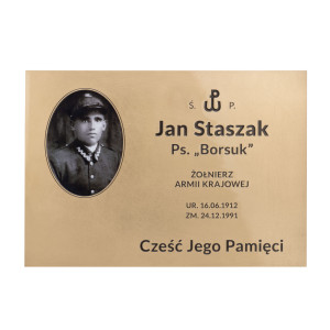 Tablica pamiątkowa z fotografią  - mosiądz szczotkowany i lakierowany - wym. 300x210mm - TAB556