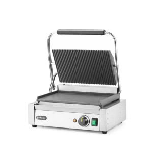 Contact grill profesional, Hendi, 2200W, corp inox, termostat 300 gr C, placi fonta cu invelis ceramic, partea superioara striata / cea inferioara neteda, suprafata grill 34 x 23 cm, 43x37x(H