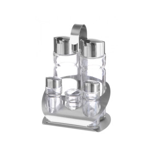 Oliviera solida / Set condimente 5 piese, Hendi, suport inox, recipiente sticla pt sare, piper, scobitori, ulei, otet