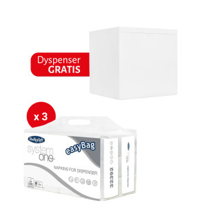Zestaw Dyspenser BulkySoft do serwetek dyspenserowych CC Pro Essentia System One Compact
, kolor biały + Serwetki dyspenserowe BulkySoft Excellence system ONE, 2 warstwy, kolor biały, celuloz