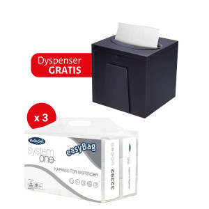 Zestaw Dyspenser BulkySoft do serwetek dyspenserowych CC Pro Essentia System One Compact
, kolor czarny + Serwetki dyspenserowe BulkySoft Excellence system ONE, 2 warstwy, kolor biały, celulo