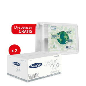 Zestaw Dyspenser BulkySoft do serwetek dyspenserowych PRO ONE, nablatowy, kolor biały + Serwetki papierowe BulkySoft dyspenserowe, 2 warstwy, kolor biały, celuloza, wymiar 21x16 cm, 8960 szt.