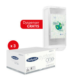 Zestaw Dyspenser BulkySoft do serwetek dyspenserowych PRO ONE nablatowowo - ścienny, o dużej pojemności, kolor biały + Serwetki papierowe BulkySoft dyspenserowe, 2 warstwy, kolor biały, celul