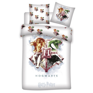 Licens Harry Potter sengetøj - 100% bomuld - Børnesengetøj 140x200 cm - Farverigt Hogwarts våbenskjold