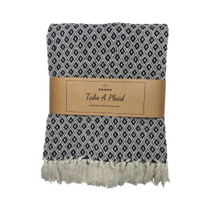 HOME-TEX Bomulds plaid - 100% recycled bomuld - 130x180 cm - Hvid med sort mønster