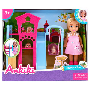Anlily Ankiki dukke med hvalpe legeplads - 11 cm