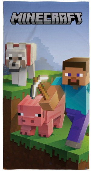 Licens Minecraft håndklæde - 70x140 cm - 100% bomuld - Blødt badehåndklæde med Steve, Minecraft ulv og gris