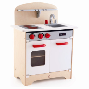 Hape hvidt gourmet legekøkken i træ med ovn, vask og klikknapper - 55x32x70,5 cm