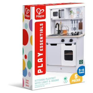 Hape moderne legekøkken i træ med lys, lyd, pande og spatel - 60x91 cm
