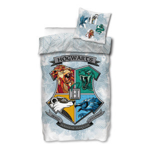 Licens Harry Potter sengetøj - 100% bomuld - Børnesengetøj 140x200 cm - Hogwarts våbenskjold - Hvid og blå