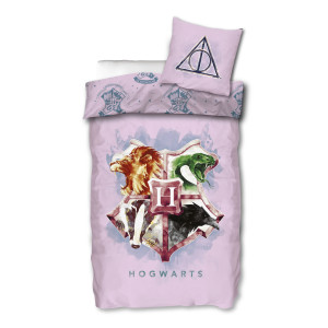 Licens Harry Potter sengetøj - 100% bomuld - Børnesengetøj 140x200 cm - Hogwarts våbenskjold - Lyserød