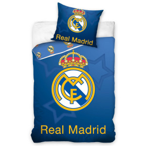 Licens Real Madrid sengetøy - 100% bomull - Barnesengetøy 140x200 cm - Blått fotballsengetøy med stjerner