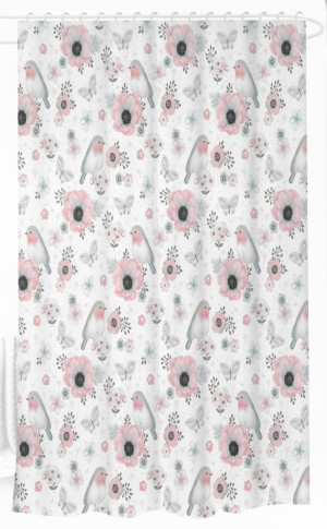 HOME-TEX Duschdraperi - 180x180 cm - Vit med blommor och fåglar - Klar att hänga