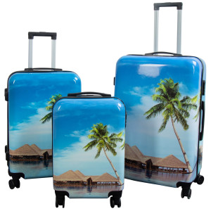 Borg Living Resväskset - 3 st. - Resväska med motiv - Strand och palmer - Hardcase lättvikt resväska med 4 hjul