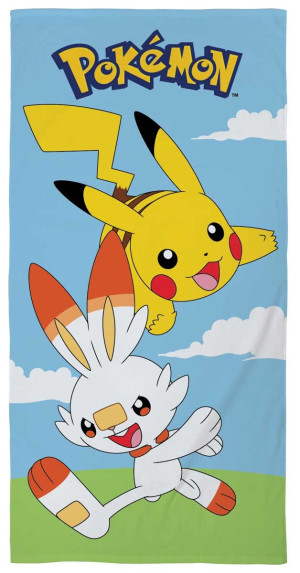Licens Pokémon handduk - 70x140 cm - 100% bomull - Mjuk badhandduk med Pikachu och Scorbunny