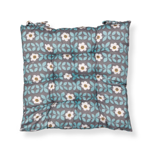 Borg Living Stoldyna - 35x35x6 cm - Grå trädgårdsdyna med blå och vita blommor - Mjuk komfortdyna