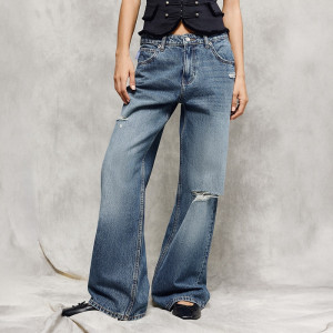 Niebieskie jeansy straight fit z przetarciami i efektem sprania - House - niebieski - 520KP-55J