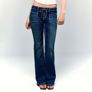 Niebieskie jeansy bootcut z niskim stanem i wiązaniem z przodu - House - granatowy - 539KP-59J