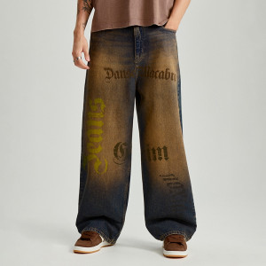 Jeansy super baggy fit w stylu dirty wash z napisami - House - zielony - 765DG-78J