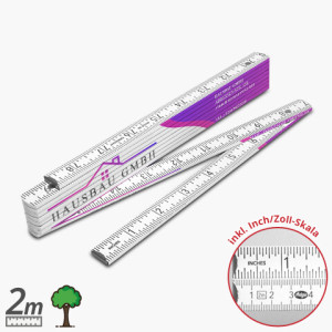 Meterstab Holz mit Zoll/Inch - 2m, Weiß, mit Aufdruck (1-seitig: Mehrfarbig), 50 Stück