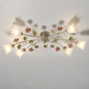 Spring Plafoniera Allungata A 6 Luci In Ferro Decorato Stile Floreale
