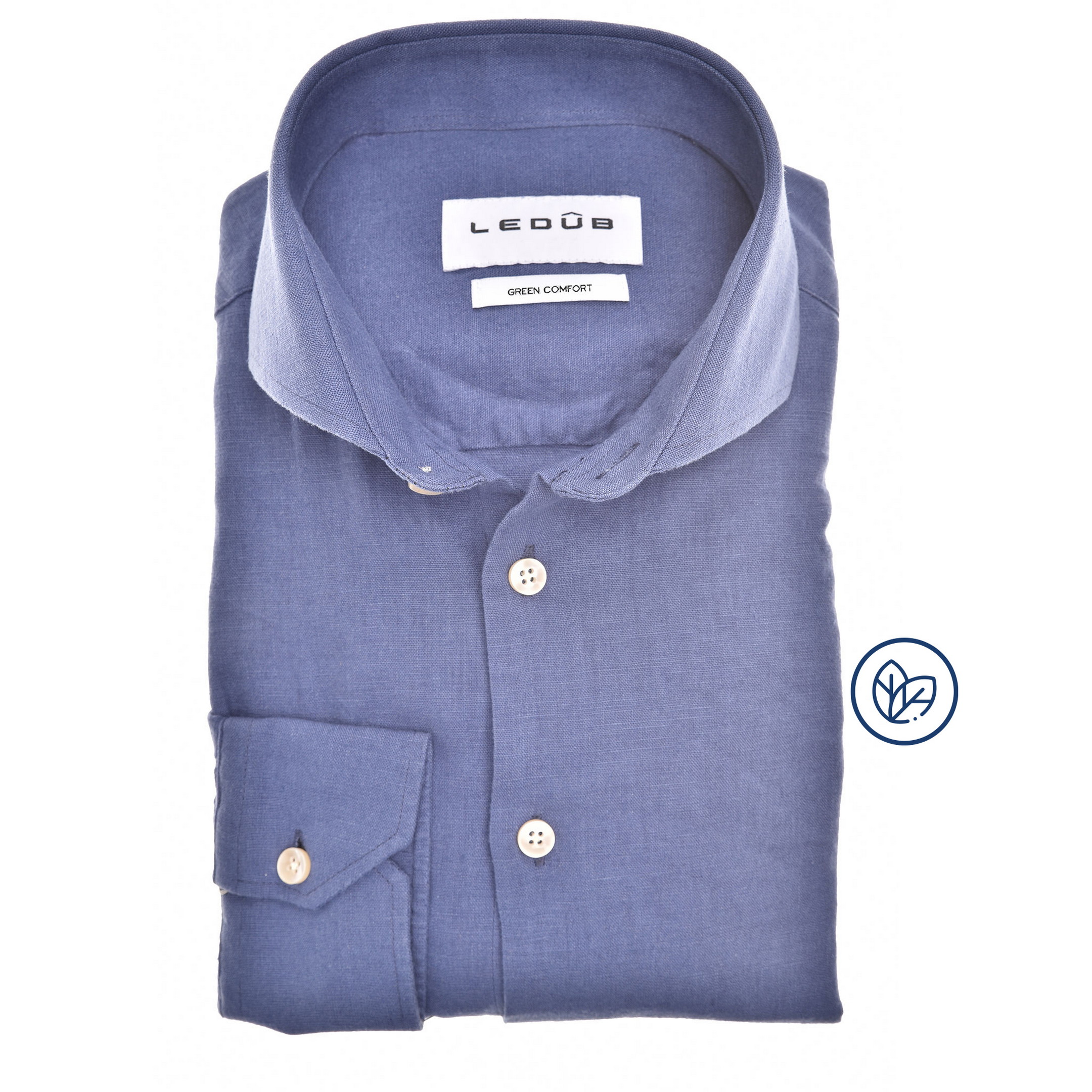 Ledûb Overhemd Slim Solid Color Linnen Blend Midden Blauw / male