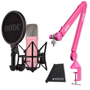 Rode Mikrofon NT1 Signature Pink mit PSA1+ Gelenkarm Pink und Tuch