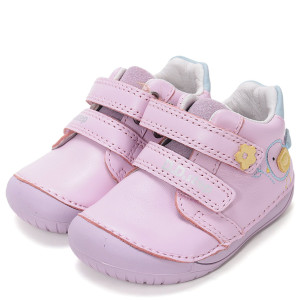 DD Step skórzane różowe buty Barefoot z niebieskim ptaszkiem 21