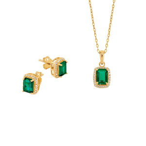 Lykken Casuals guldpläterad silver smycke set med grön zirconia