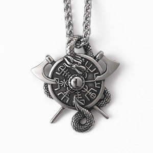 Lykken Viking Jörmungandr Vegvisir silver stålhalsband 60 cm