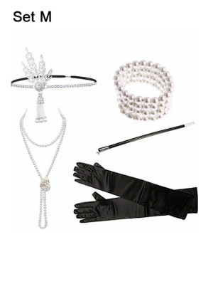 20er Jahre Zubehör Set 5-teilig silber - Variante Set M - Karneval, Mottoparty, Silvester Damen
