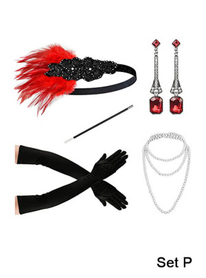 20er Jahre Zubehör Set 5-teilig silber - Variante Set P - Karneval, Mottoparty, Silvester Damen