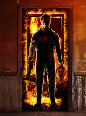 Halloween Tür Dekoration 180x80cm - Variante Feuer Axt Mörder - Halloween Zubehör