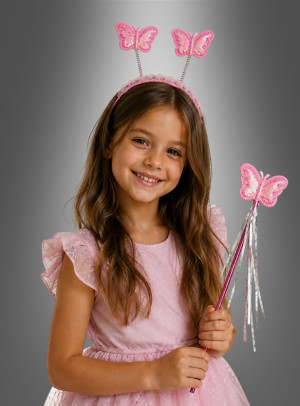 Schmetterling Haarreif und Stab rosa - Farbe Rosa - Karneval, Mottoparty Zubehör für Mädchen, Kinder