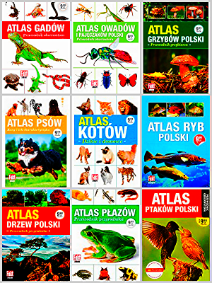 ATLASY X 9 ZESTAW PTAKI GADY KOTY PSY DRZEWA OWADY RYBY GRZYBY PŁAZY